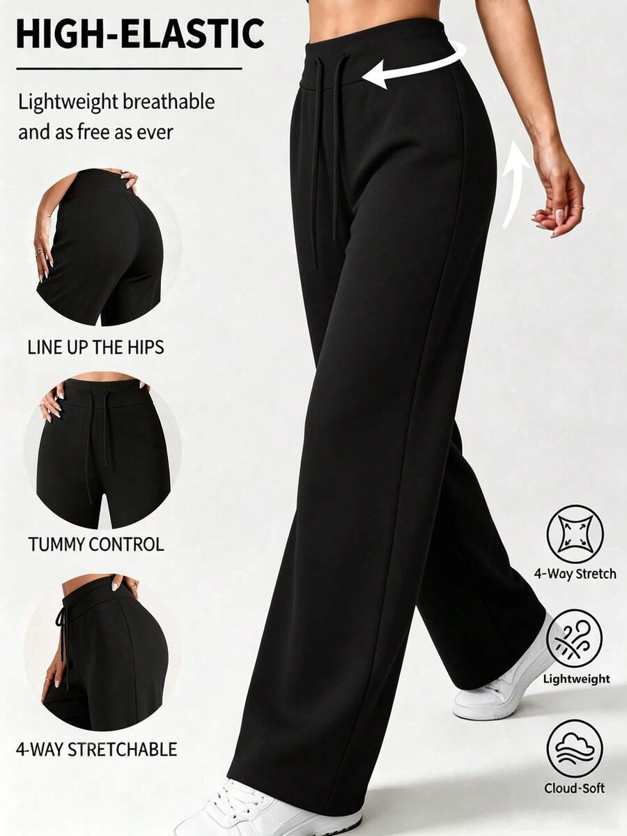 Plus Size Women's Drawstring Wide Waist Wide Leg Sports Pants, Tummy Control Draped Loose Full Length Fitness Casual Straight Leg Pants - Black - View 1