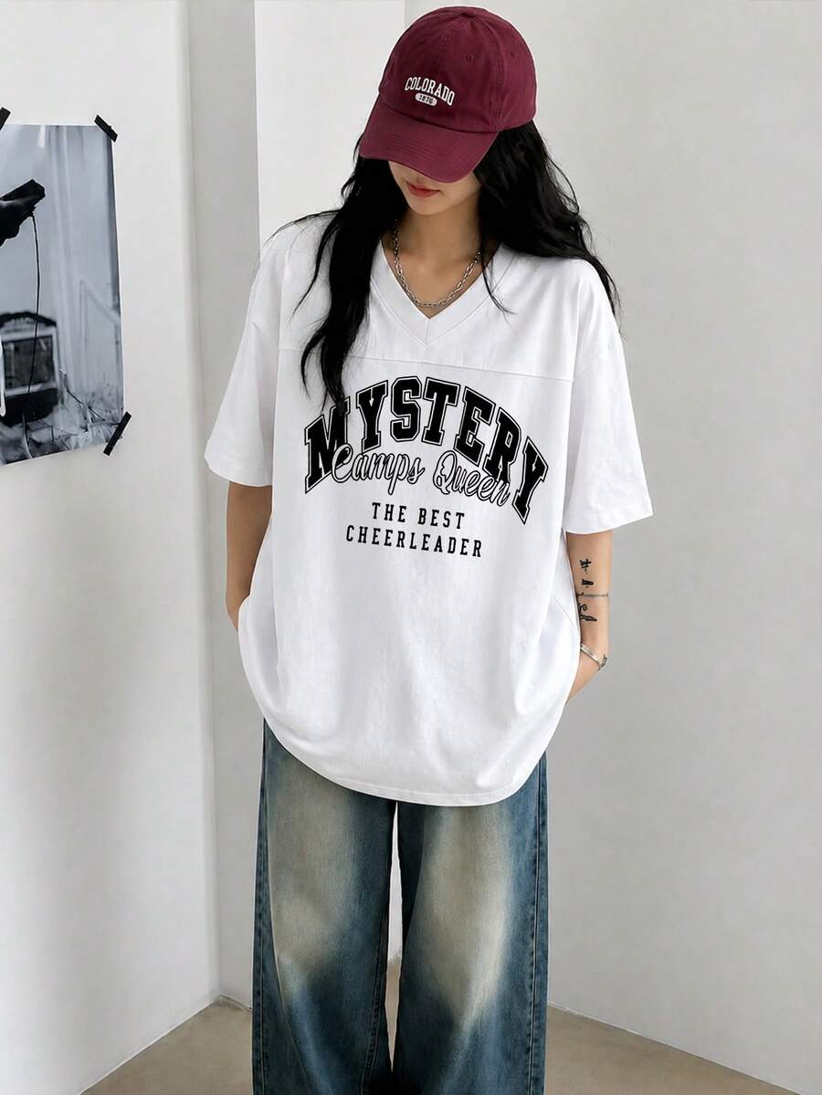 女款時尚夏季寬鬆百搭街頭復古小V領字母印花短袖T恤休閒白色夏季上衣 - 白色 - 查看 1