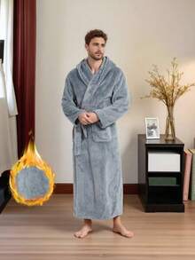 Men's Long Flannel Hooded Robe, Autumn/Winter Thickened Warm Comfortable Loungewear, With Waist Tie And Large Pockets, Casual Bathrobe, Suitable For Home - Light Grey - View 1