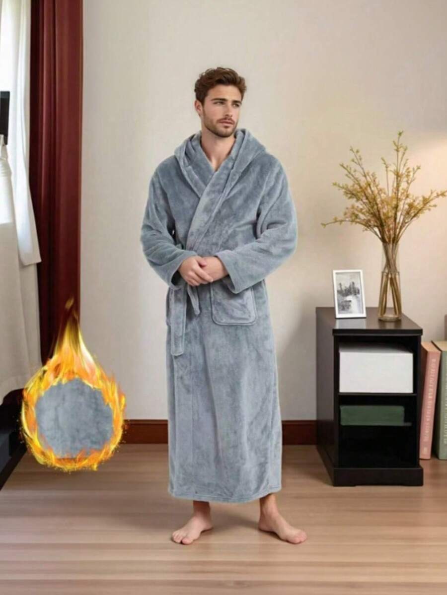 Men's Long Flannel Hooded Robe, Autumn/Winter Thickened Warm Comfortable Loungewear, With Waist Tie And Large Pockets, Casual Bathrobe, Suitable For Home - Light Grey - View 1