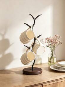 1Pc Black Leaf‑Shaped Tabletop Display Stand, Minimalist Farmhouse Style Wood Material Curved Twig Shape Multi‑Hook Leaf Design Multifunctional Mug Jewelry Holder For Kitchen Home Decor Daily All‑Season Use - Multicolor - View 11