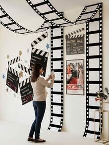 2pcs/1pc Black And White Film Banner, 78" X 12" Movie-Themed Fabric Background, With Hanging Rope, Movie Night Porch Sign Decoration, Suitable For Home Theater Party Decor - A - View 2