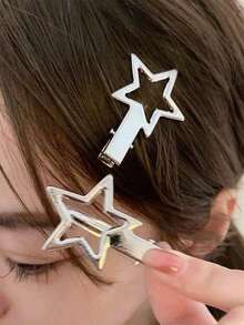 2pcs Women's Star Metal Bangs Clips, Casual Short Hair Hair Clips, Date Side Clips, Five-Point Star Pair Clips, Simple Versatile Star Hair Clips For Women Side Bangs Clip - Silver - View 7