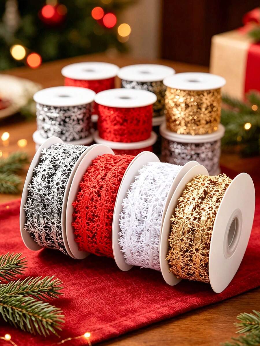1pc Christmas Snowflake Ribbon, Christmas Gift Wrapping Ribbon, Multi-Color Christmas Decorative Ribbon, Suitable For Gift Wrapping, DIY Bow Making, Wreaths, Christmas Tree Decoration Accessories, Holiday Party Handmade Decoration Supplies - Multicolor - View 1