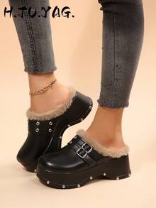 Metal Buckle Thick Sole Loafer Mule Slippers Rivet Platform Closed Toe Slippers Women's Casual Slouchy Shoes - Black - View 3