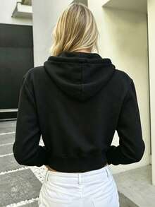 Personalized Customization - Women's Short Hooded Sweatshirt With Zipper - Front Pattern Customization LOG0/Christmas/Halloween/Workwear/School Uniform/Lucky Number/Skull Pattern - Family Pet Friend - Anything Can Be Customized/Hooded Zipper Sweatshirt - Black - View 2