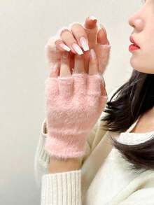 1 Pair Of Women's Open Finger Knitted Plush Gloves, Suitable For Winter Gloves, Essential For Travel And Keeping Warm - One Size - View 8