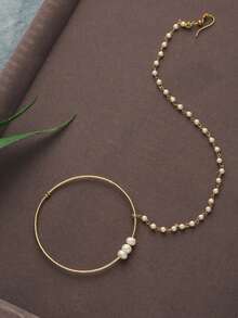 STONEFANS 1pc Gold Pearl Nose Ring Chain For Women, Large Hoop Nath Nathni, Bridal Face Jewelry For Wedding Festival Party - Gold - View 4