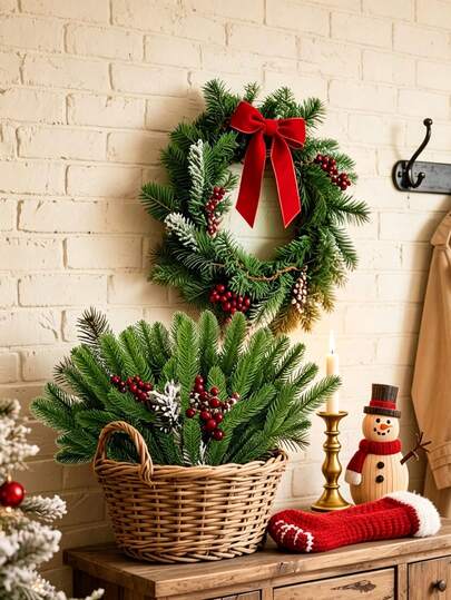 Artificial Pine Needle Christmas Decoration, Realistic Faux Pine Branches, Christmas Greenery Stems, Suitable For DIY Wreath Making, Winter Holiday Home Entryway Fireplace Tabletop Wall Decor, Christmas Party Front Door Farmhouse Style Indoor Ornament