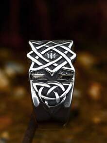 1pc Men's Ring, Antique Silver Stainless Steel, Waterproof Anti-Fading Hypoallergenic Geometric Pattern Vintage Versatile Ring, Suitable For Daily Wear, Party, Gathering, Size 7-12 - Antique Silver - View 5