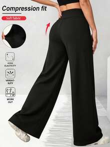 Plus Size Women's Drawstring Wide Waist Wide Leg Sports Pants, Tummy Control Draped Loose Full Length Fitness Casual Straight Leg Pants - Black - View 7