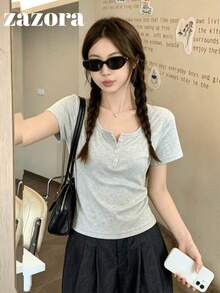 Light Gray Thin Low Neck Short Sleeve T-Shirt Women Korean Style Slim Fit Cropped Top - Light Grey - View 6