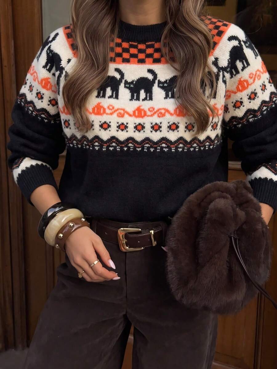HoloChill Halloween Women's Young Influencer Casual Style Colorblock Knit Top, Women's Halloween Black Cat & Pumpkin Pattern Pullover Sweater, Long Sleeve Crew Neck Regular Fit Knit Top, High Elasticity & Ribbed Detail Pullover Fall/Winter Casual 2026 New Arrival, Women's Outing Holiday Party Outfit Halloween Costume Fall/Winter - Black and White - View 1