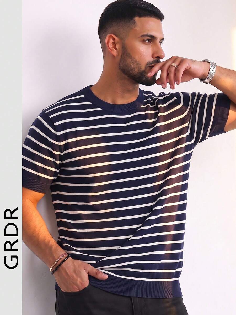 GRDR 1件男士夏季至初秋圆领针织条纹短袖衬衫，休闲户外服装