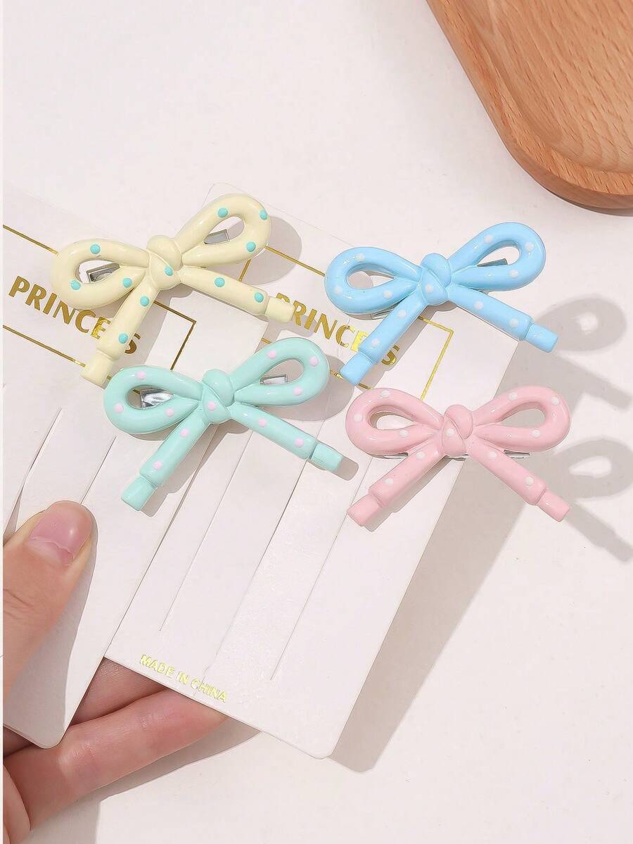 Multiple Dual-Color Polka Dot 3D Bow Hair Clips, Sweet Mini Side Clips For Girls, Basic Daily Bangs Hair Accessories (Random Color) - Pink - View 1