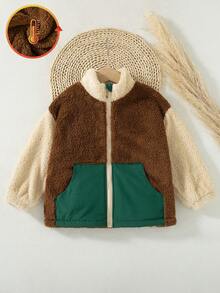 Boys' Casual Fashion Drop Shoulder Colorblock Double-Sided Fleece Stand Collar Zip-Up Jacket, Autumn/Winter - Brown - View 2