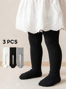 3 Pairs Vertical Striped Solid Color Baby Infant Kids Tights, Versatile Minimalist All-Match Style, Baby Girl Toddler Tights - Multicolor - View 15