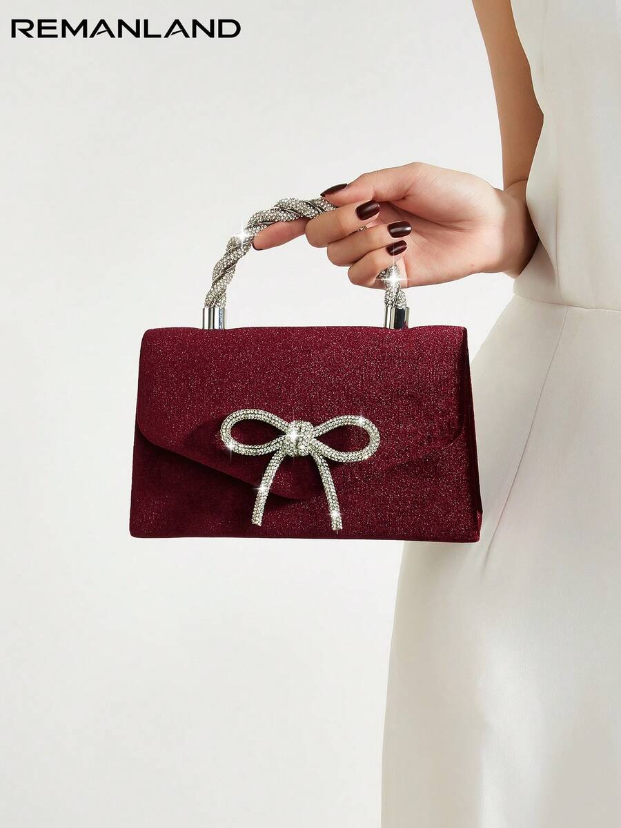 REMANLAND Romantic Burgundy Clutch Bag With Sparkling Bow Accent, Woven Crystal Handle And Envelope Flap, Charming Evening Bag For Weddings And Celebrations