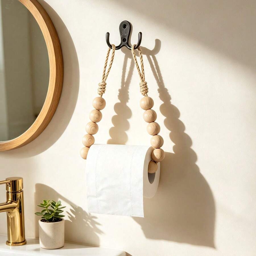 1pc Boho Wooden Bead Hanging Paper Towel Holder, Rope Woven Wall‑Mount Toilet Roll Storage Rack, Decorative Tissue Dispenser For Bedroom Kitchen Bathroom, Room Decor, Bedroom Decor, Home Decor Farmhouse Wall Decoration - Multicolor - View 1