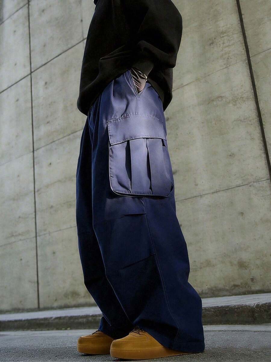男士戶外休閒百搭直筒工裝長褲,多口袋設計,美式復古時尚工作服長褲 - 藏蓝色 - 查看 1