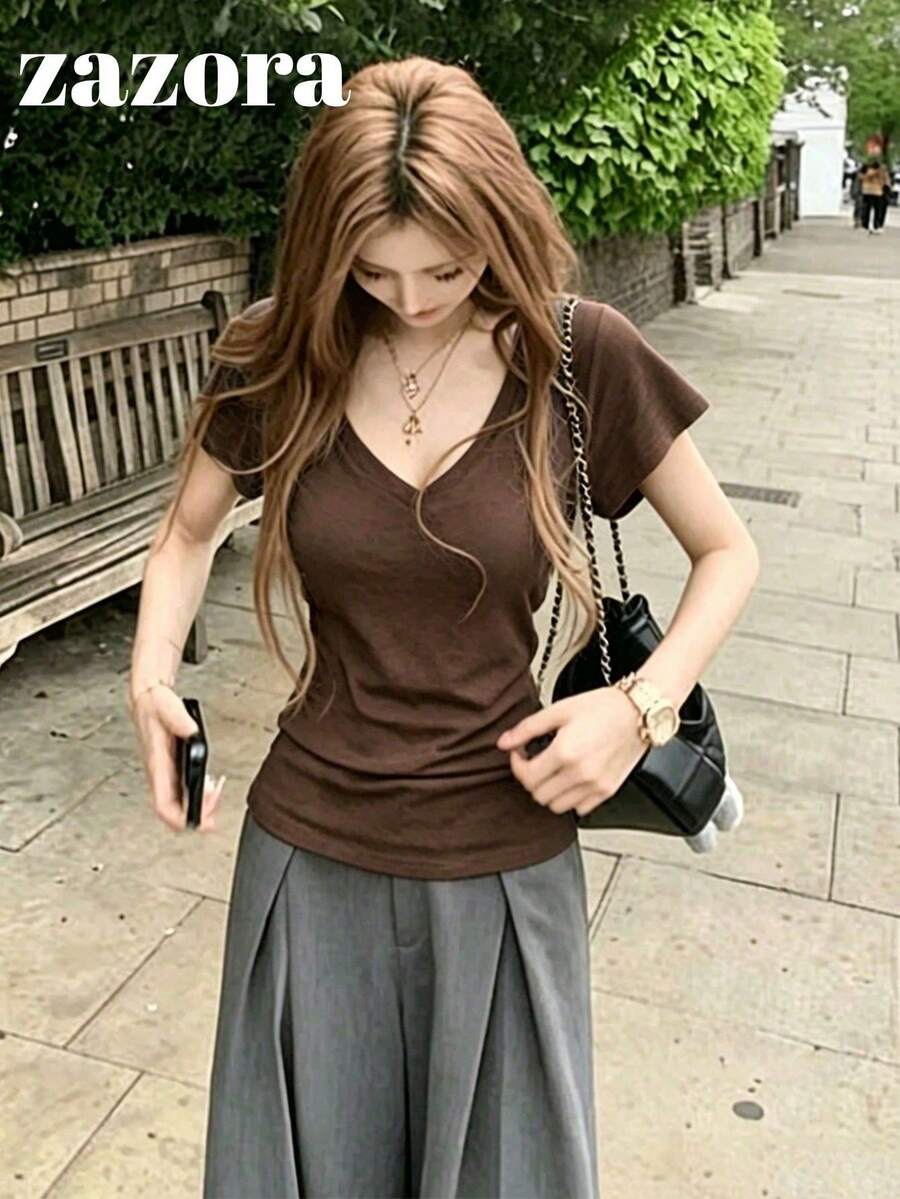 Brown V-Neck Slim Fit Short Sleeve T-Shirt, Korean Style Sexy Slimming Versatile Top - Brown - View 1