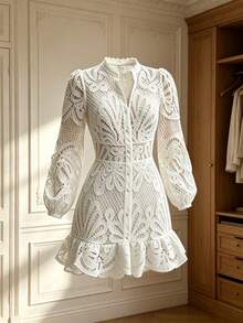 Vuslat Women's Autumn French Style Hollow Crochet White Mini Dress With Small Stand Collar And Half-Open V-Neck, Suitable For Daily Commute, Office, - White - View 8