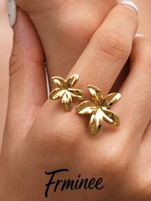 Frminee 1pc Stainless Steel Flower Open Ring For Women, Adjustable Floral Statement Ring, Gold Tone Chunky Fashion Jewelry For Daily Wear, Party, Gift For Her - Gold - View 5