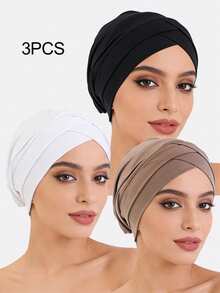 3pcs Women's Double Crossed Stretchy Beanie Hats, Base Layer Hat Scarf Headgear, Suitable For Daily Use Sleep Bonnet,Holiday,Festival - Multicolor - View 12