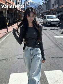 Korean Style Slim Fit Elastic Slimming Long Sleeve Inner Layer/Standalone T-Shirt For Women, Early Autumn - Grey - View 5