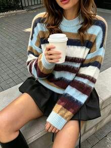 Women's Fashion Daily Commute Streetwear Colorblock Striped Knit Top - Multicolor - View 4