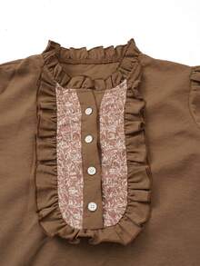 Blus Kerah Ruffle Vintage, Kemeja Lengan Panjang Kancing Setengah dengan Panel Cetak Kontras, Atasan Kasual Longgar Retro Wanita untuk Sehari-hari di Musim Gugur - MultiWarna - View 11