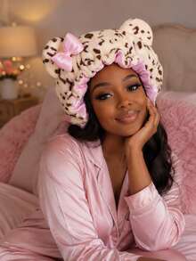 Women Leopard Print Plush Sleep Bonnet With Bear Ears & Bow, Satin Lined Thick Hair Bonnet, Ruffle Edge Night Hair Cap For Hair Care, Holiday Gift - Multicolor - View 6