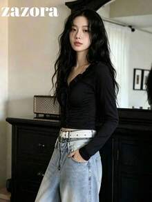 Korean Style Niche Exquisite 3D Ruffle Trim Long Sleeve T-Shirt For Women, Unique Inner Layer Top - Black - View 5