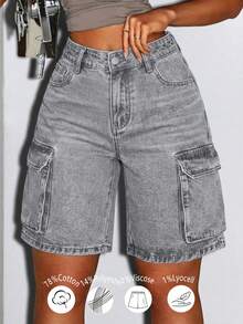 Vintage Street Style Women's Cargo Denim Shorts, Straight Leg, Flap Side Pockets, Non-Stretch, Summer Denim Shorts, Daily Wear, Vacation Outfit - Light Grey - View 8