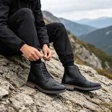 Men's Vintage Work Boots Round Toe Thick Sole Heel Dual-Tone Upper Commute Casual Ankle Boots Outdoor Hiking Boots - Black - View 5