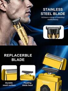 HIENA Men Hair Clipper & Electric Shaver Set, Dragon Pattern T-Blade Trimmer With Digital Display Foil Razor, USB Rechargeable Cordless Grooming Kit With Guide Combs, Ideal Gift For Him - Gold - View 4