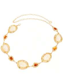1pc Exaggerated Personalized Creative Luxury Style Tie Dye Resin Faux Gemstone Geometric Metal Splicing Waist Chain Body Chain Suitable For Women Daily Wear Vacation Banquet Wedding - Gold - View 8