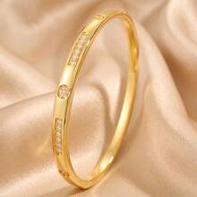 3/1pcsGold‑Tone Stainless Steel Bangle, Rhinestone‑Encrusted Panther Head Design, Bold Luxurious Vibe For Daily Styling - Gold - View 11
