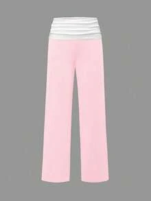 SCARLUX Summer & Autumn Y2K Women's Solid Pink Flare Pants, Folded Low Waist Casual Long Pants, Suitable For Back To School Streetwear - Pink - View 3