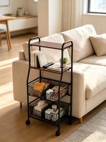 4‑Tier Rolling Storage Cart, Metal‑Wood Slim Organizer With Lockable Wheels & Wire Baskets, Mobile Storage Rack For Bathroom, Laundry, Kitchen Narrow Corner, Perfect For Home Users Storing Towels, Toiletries & Cleaning Supplies - Multicolor - View 10