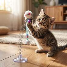 Suction Cup Base Metal Spring Cat Teaser Plush Ball Interactive Cat Toy, Mesh Plush Mouse No Battery Required, Vibrant Colors Suitable For All Cat Breeds, Stimulates Hunting Instincts Simulates Hunting Scenes, Indoor Boredom Relief Active Mind And Body Fun Cat Teaser Gadget - Multicolor - View 3