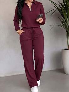 LUNNELUX Women Fall Burgundy Knit 2 Pieces Outfits, Half Zip Collar Long Sleeve Top & Drawstring Wide Leg Pants Set Halloween Travel Daily Tracksuit - Burgundy - View 9