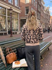 Women's Stylish Knit Leopard Print Cardigan, Long Sleeve V-Neck For Everyday Wear - Brown - View 5