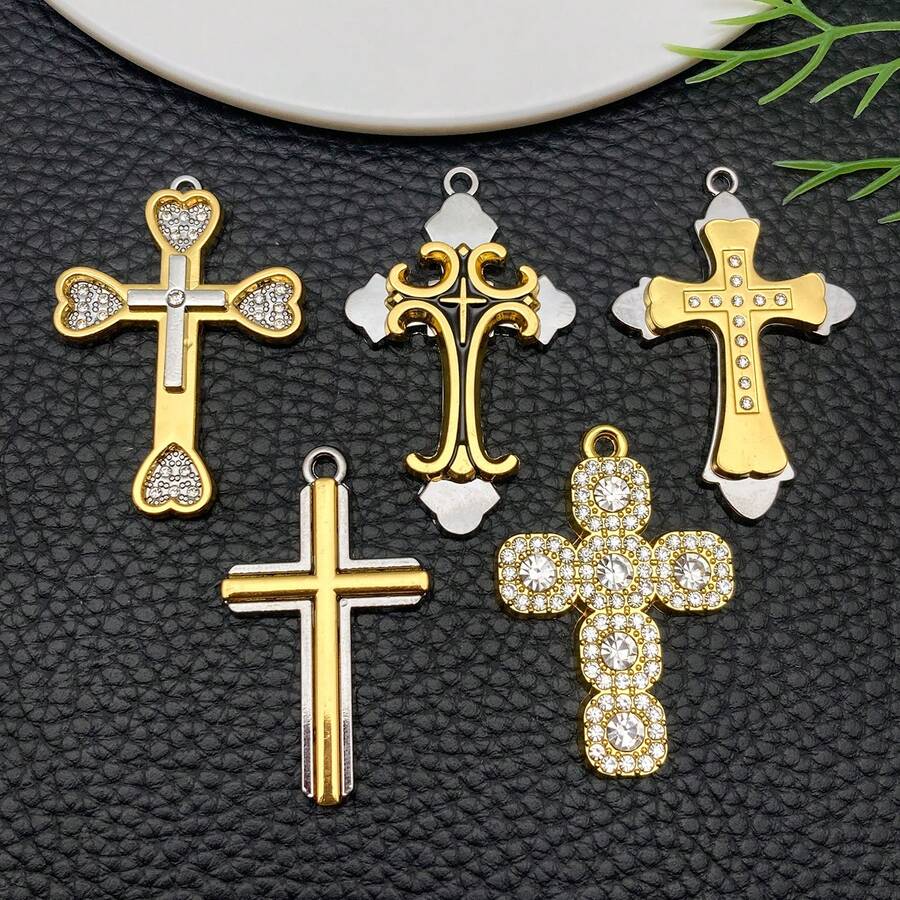 5pcs Alloy Golden Dot Diamond Cross Pendant Jewelry Making DIY Earring Pendant Various Design Charms For Jewelry Making Bracelets Necklace - Gold - View 1
