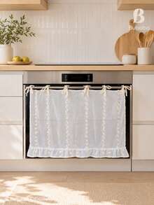 1pc White Jacquard Oven Curtain, 3D Floral Lace Stripe Design, Bowknot Ruffle Edge Kitchen Decor Curtain - Ruffled Edge - View 9