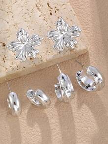NAIZHU 3/9 Pairs Combination Kids European & American Fashion Metal Water Drop Flower Geometric Earrings Set, Suitable For Daily Wear And Party Accessories - Silver - View 5