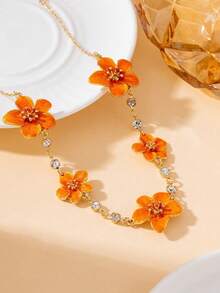 1pc Summer Vacation Style Elegant Bright Handmade Drip Oil Sparkling Orange Enamel Plumeria Necklace For Women - Orange - View 4