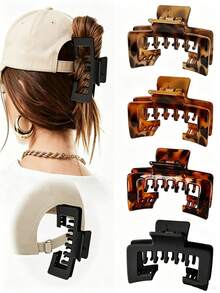 1/4pcs Oversized Hair Claw Clips Suitable For Wearing Hats, Hollow Square Design Fits Baseball Caps Easily. Strong Grip Holds Messy Hair Securely. Fashionable Matte And Tortoise Shell Colors, Ideal Hair Accessory For Women's Daily Outings. - Multicolor - View 15