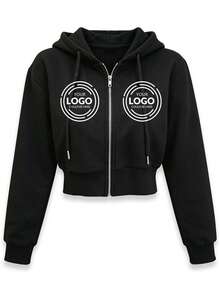 Personalized Customization - Women's Short Hooded Sweatshirt With Zipper - Front Pattern Customization LOG0/Christmas/Halloween/Workwear/School Uniform/Lucky Number/Skull Pattern - Family Pet Friend - Anything Can Be Customized/Hooded Zipper Sweatshirt - Black - View 3
