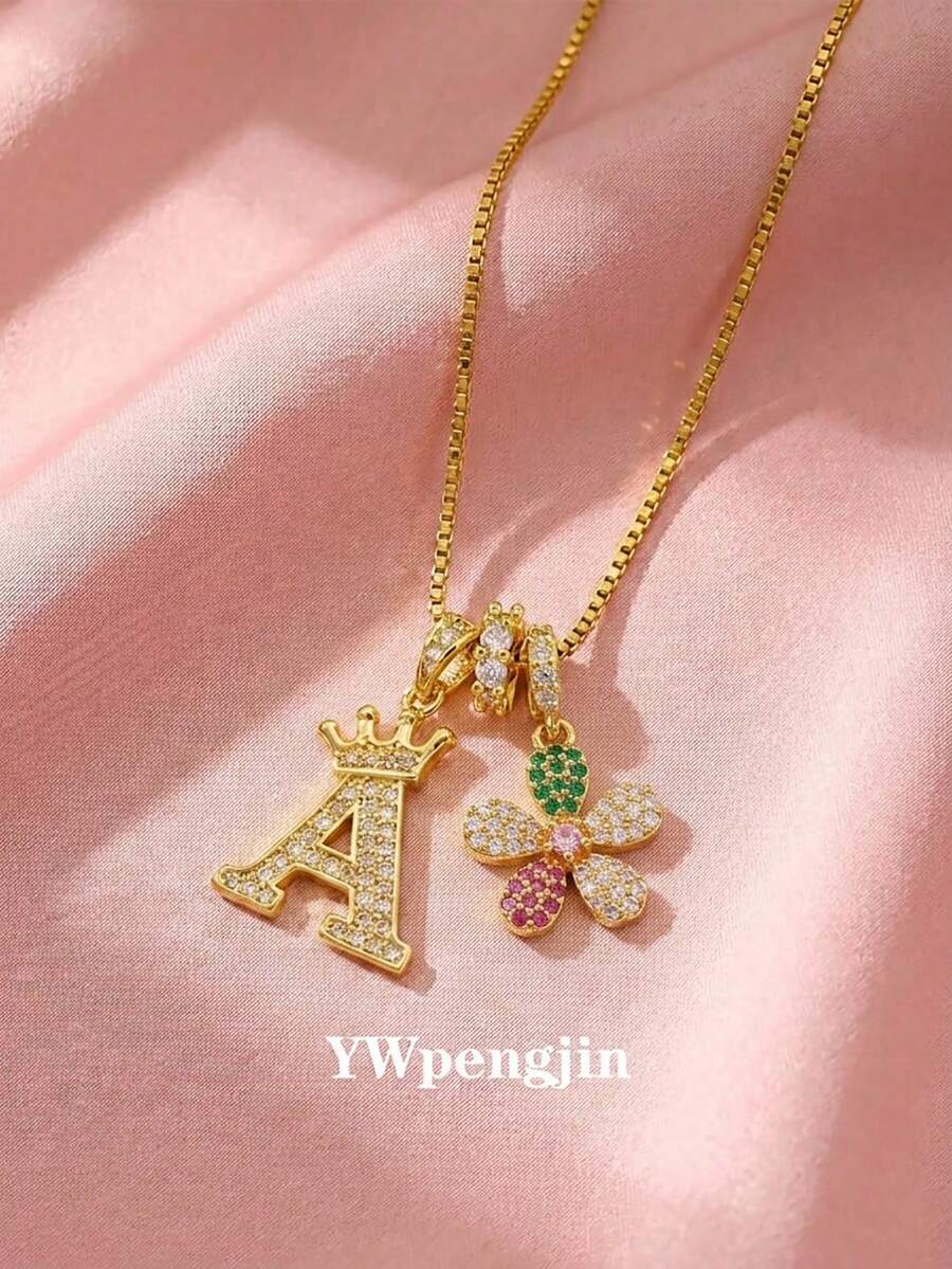 1pc Personalized Crown Letter & Colorful Flower Necklace Customized Alphabet Choker Kids Jewelry For Family Friends Birthday Gift For Girls Daily Wear - Gold - View 1